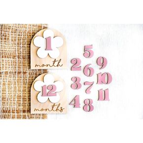Baby Monthly Milestone Cards Monthly Milestone Discs Newborn Photography Props Baby Announcement Sign Baby Girl Wooden Boho Flower Milestone Card 1-2 Months Interchangeable Milestone (Boho Flower)