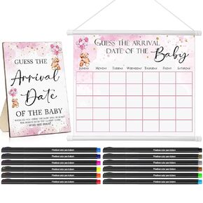 Sintuff Guess the Due Date for Baby Calendar Bear Include 1 Pcs Guess the Arrival Date of the Baby Wooden Sign 1 Pcs Baby Predictions Sign Baby Calendar with 12 Pcs Colored Pens for Baby Shower (Pink)