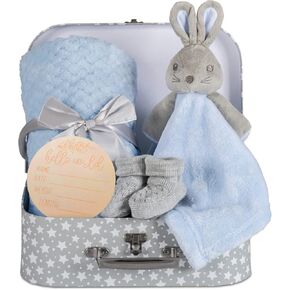 مجموعة هدايا المولود الجديد، هدايا المولود الجديد، بطانية أمان الأرنب الأزرق من الصوف الناعم، صندوق تذكار، أحذية وبطانية وسلة هدايا للأطفال - هدية فريدة لاستحمام الطفل والترحيب بالمولود الجديد in Kuwait