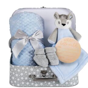 Baby Boy Gift Set New Born Baby Gifts Baby Blue Bunny Security Blanket Soft Fleece, Suitcase Keepsake Box Blanket Booties & Baby Gift Basket – Unique Present for Baby Shower & Newborn Lovey Welcome