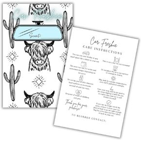 Car Freshie Insert Cards | 50 pk 4x6" Western Cactus Highland Cow, fits in 5x7" for Holographic Bags Freshie Scent Label Care Instruction Cardstock