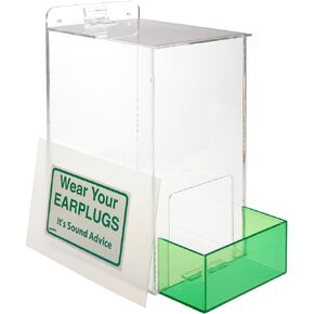 Brady EPD 13" Height, 6" Width, 8" Depth, Acrylic, Green On Clear Color Ear Plug Dispenser, Legend "Wear Your Earplugs It's Sound Advice"