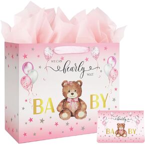 13" Large Baby Shower Birthday Gift Bag for Girl with Tissue Papers and Card Pink Balloons Bear Design with Handles