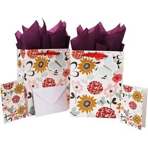 2 pack 10.6" Medium Gift Bag Set with Greeting Card and Tissue Paper (Flowers and Butterfly gift tag) for Birthdays, Bridal Showers, Children's Day, Weddings, Easter, Mother's Day- 10.6" x 8.3" x 4.3",2 Pcs
