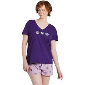 Life is Good. Women's Hearts and Paws SS Relaxed Sleep Vee, Deep Purple, Medium