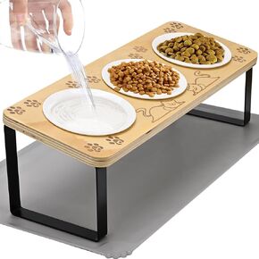 Ceramic Elevated Cat Bowls 15° Tilted Raised Puppy Pet Food and Water Bowl Wood Body Stand Feeder with Pawprint Pattern, for Indoor Cats, Small Dog