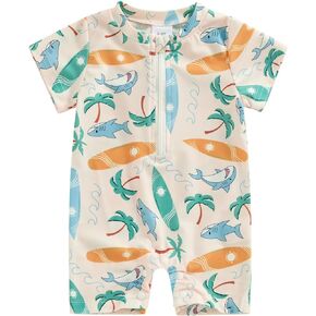 CHAUKAREAUL Toddler Baby Boy One Piece Swimsuit Shark Zipper Short Sleeve Rash Guard Infant Swimwear Bathing Suit