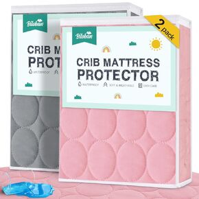 Crib Mattress Protector 2 Pack Pad Waterproof, Quilted Crib Mattress Cover Sheets Fitted, Absorbent & Noiseless Toddler Mattress Protector Fit Baby Toddler Bed Mattress Pad (52" x 28"), Grey & Pink