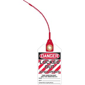Accuform TAK639 RP-Plastic Loop 'n Lock Tie Tags, Legend "Danger Locked Out DO NOT Operate", 5-3/4" Length x 3-1/4" Width with 8" Strap, Red/Black on White (Pack of 10)