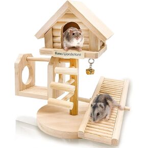 Hamiledyi Natural Dwarf Hamster House Double Decker Wooden Castle Small Animal Hideout Huts with Stair DIY Pet Living Playground Climbing Ladder Slide Training Play Toys for Syrian Mice Rats