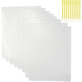 8 Plastic mesh Canvas Sheets for Embroidery Crafts, Acrylic Yarn Crafts, Knitting and Crochet Projects (9.92 x 13 inches, 10 Knitting Needles Included, Clear Color)