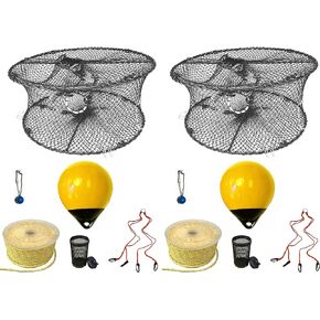 2-Pack of KUFA Sports Foldable Prawn Trap (Stretched Mesh Size:1-3/4") with 400' Rope, Yellow Float, Bait Bag & Harness Combo