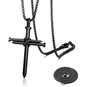 2PCS Nail Cross Pendant for Men, Hanging Cross Car Rearview Mirror Hanging Chain with 3 Nail, Stainless Steel Religious Cross Decoration(Black)