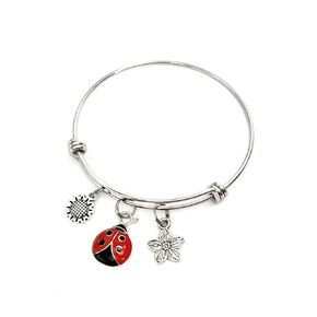 Ladybug theme bracelet. Includes two flower varieties and a colorful ladybug charm. Good luck gift. Lady Bug Keepsake Adjustable Bangle. Ladybug Charm Bracelet