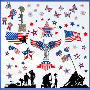 4th of July Land of The Free America Patriotic Memorial Day Window Clings American Flag Stickers Decals Decorations USA Veterans Day Stars Shape Window Decals Home Kitchen Déco