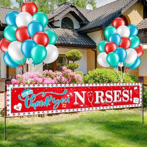 Thank You Nurse Banner and Balloon Set, 2024 Nurses Week Decoration, Nurse Appreciation Banner Backdrop National Nursing Day Yard Sign Backdrop for Nurse Rn Graduation Party Supplies,98.4×18inch