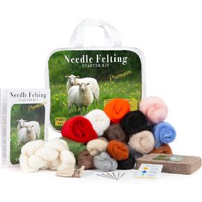Complete Needle Felting Craft Starter Kit for Beginners, Premium Tools and Supplies, 17 Colors Wool, 6 Needles Color Coded, Wool Felting Pad, Leather Finger Guards, Storage Case, Assembled in USA