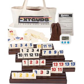 Extguds 6 Player Rummy Cube Game Set, Classic Large Tiles Rummy Cube Game, with 6 Wooden Racks/Trays, 160 Rummy Tiles, Portable Canvas Bag, 1 Timer, 1 Storage Bag,for Family and Party