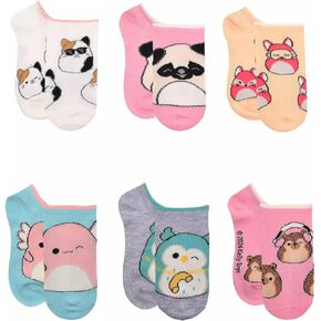 Squishmallows 6 Pair Pack Stuffed Animal No Show Socks for Girls, Cam, Fifi, Winston, Archie, Prince and Hans, Medium