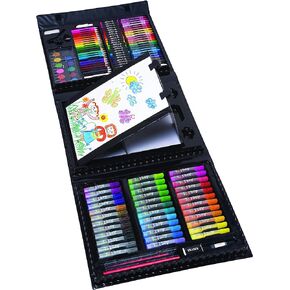 Art 101 USA Budding Artist 154 Pc Junior Artist Trifold Easel Set, Includes markers, crayons, oil pastels, watercolor paints, and colored pencils, Case, pop up easel, Portable Art Studio , White