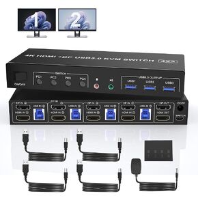 8K@60Hz Displayport USB 3.0 KVM Switch 2 Monitors for 4 Computers 8K@60Hz 4K@144Hz, DP1.4 Dual Monitor Displayport KVM Switch 4 Port with Audio Microphone Output and 3 USB 3.0 Ports, DP Monitor Switch