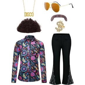 RAINDEWLL 70s Outfits for Men Disco Costume Disco Shirt Bell Bottom Pants Afro Wig Sunglasses Disco Necklace Ring Mustache
