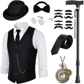 1920s Mens Costume, Roaring 20s Costumes Accessories Set Vest Foldable Crutches Fedora Hat Pocket Watch Tie