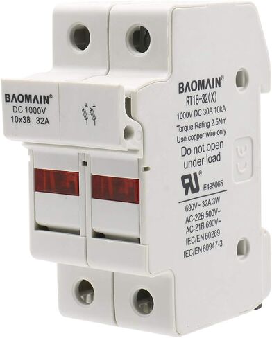 Baomain Solar PV Fuse Holder,Cylindrical Fuse Holder, 10 x 38 mm, 32 Amp, 1000 VDC, 2 Pole, 18 to 8 AWG, 35mm DIN Rail Mount, UR & CE Listed (1PCS) in Saudi Arabia