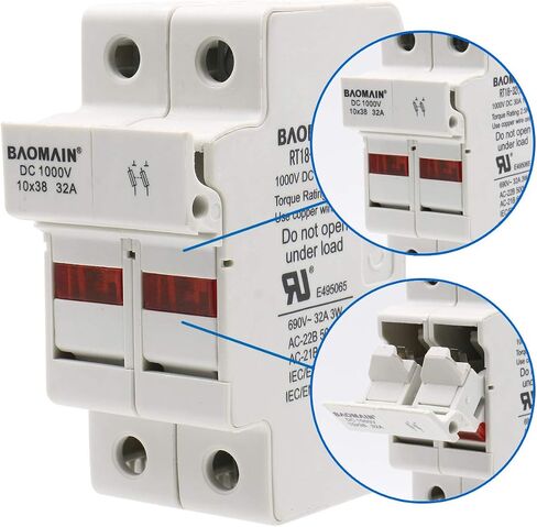 Baomain Solar PV Fuse Holder,Cylindrical Fuse Holder, 10 x 38 mm, 32 Amp, 1000 VDC, 2 Pole, 18 to 8 AWG, 35mm DIN Rail Mount, UR & CE Listed (1PCS) in Saudi Arabia