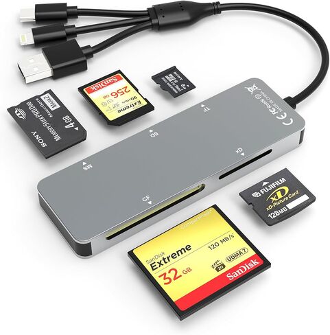 قارئ بطاقات SD/TF/MS/CF/XD للكمبيوتر/iPhone/USB C - 5 في 1 قارئ بطاقات ذاكرة متعدد محول OTG يدعم بطاقة صور Micro SD/SDHC/XD، ألومنيوم Lightning+USB A+USB C Memory Stick pro Duo مشترك كهربائي in Kuwait
