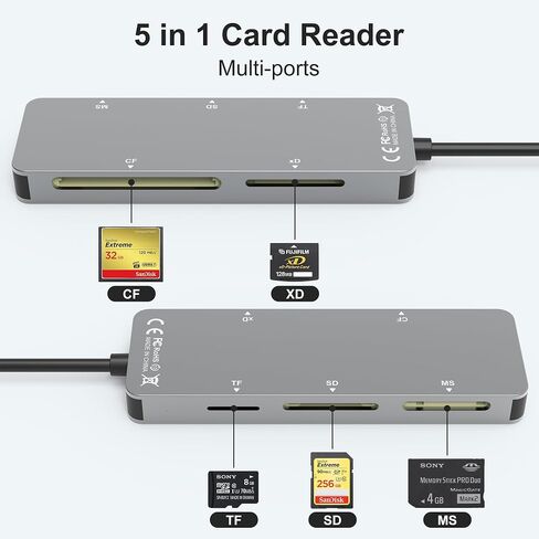 قارئ بطاقات SD/TF/MS/CF/XD للكمبيوتر/iPhone/USB C - 5 في 1 قارئ بطاقات ذاكرة متعدد محول OTG يدعم بطاقة صور Micro SD/SDHC/XD، ألومنيوم Lightning+USB A+USB C Memory Stick pro Duo مشترك كهربائي in Kuwait