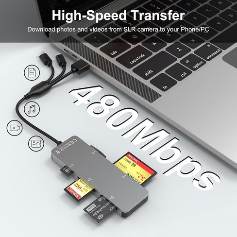 قارئ بطاقات SD/TF/MS/CF/XD للكمبيوتر/iPhone/USB C - 5 في 1 قارئ بطاقات ذاكرة متعدد محول OTG يدعم بطاقة صور Micro SD/SDHC/XD، ألومنيوم Lightning+USB A+USB C Memory Stick pro Duo مشترك كهربائي in Kuwait