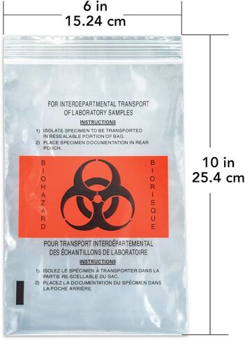 حقيبة عينات المختبر/حقيبة عينات المخاطر البيولوجية مع جيب خارجي - فئة المستشفى، عبوة من 50 قطعة. الحجم - 6 × 10 بوصة in Kuwait