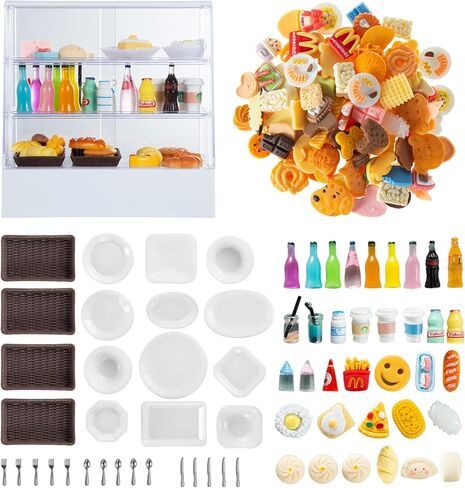 152Pcs Miniature Bakery Cake Stand Display Cabinet with Food Set Mini Counter Toy Supermarket Shelf Dessert for 1:12 Doll House Store Scene Decoration Gift Bread Shop Model Playhouse Tray Pastry in Kuwait