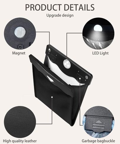 RACOONA Car Trash Can,Waterproof PU Leather Car Trash,Car Garbage Can,Car Accessories Car Trash Bag Car Can Trash Bag,Car Garbage with Magnet Closure Design and LED Light (Black) in Saudi Arabia
