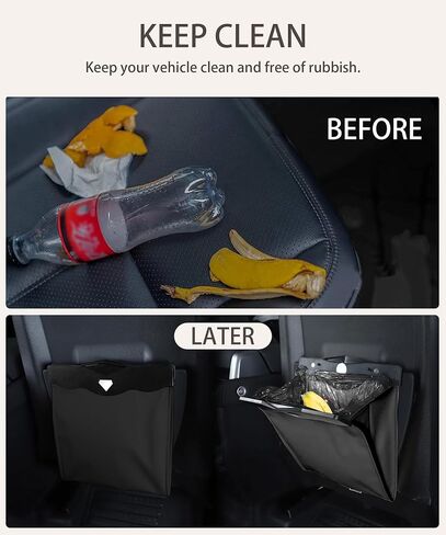 RACOONA Car Trash Can,Waterproof PU Leather Car Trash,Car Garbage Can,Car Accessories Car Trash Bag Car Can Trash Bag,Car Garbage with Magnet Closure Design and LED Light (Black) in Saudi Arabia