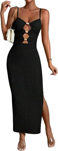 OYOANGLE Women's Textured Cut Out Spaghetti Strap Split Thigh Party Maxi Cami Dress in Saudi Arabia