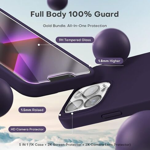 TOCOL [5 in 1 for iPhone 13 Pro Case, with 2 Pack Screen Protector + 2 Pack Camera Lens Protector, Slim Silicone Phone Case iPhone 13 Pro 6.1 Inch, [Anti-Scratch] [Drop Protection], Midnight Purple in Saudi Arabia