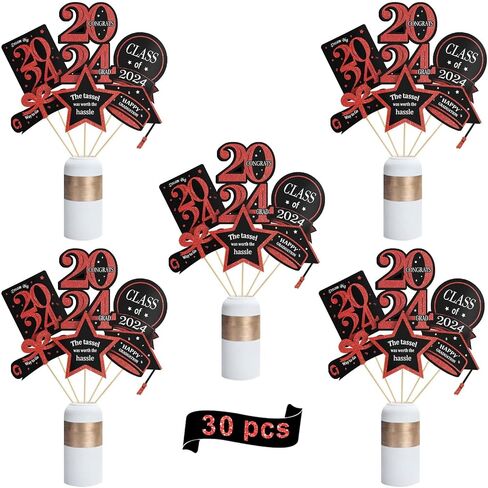 Graduation Party Decorations 2025-30 Pack Red and Black Grad Centerpiece Sticks, Class of 2025 Ornament Party Supplies Table Topper Decor for Kindergarten Preschool High School College in Saudi Arabia
