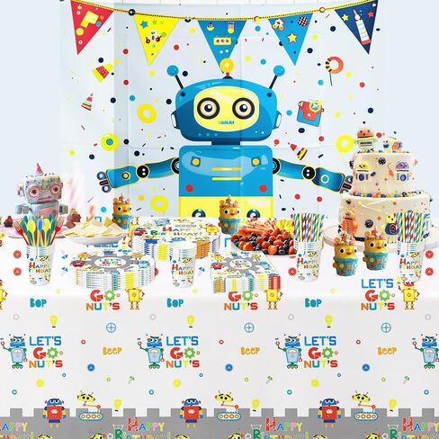 أطباق ومناديل عيد ميلاد روبوت YJRJSC لوازم الحفلات - أدوات مائدة لتزيين حفلات الروبوت، طبق ورقي، كوب، منديل، شوكة للاستعمال مرة واحدة، أواني طعام لتزيين أعياد الميلاد للأطفال | يخدم 24 in Saudi Arabia