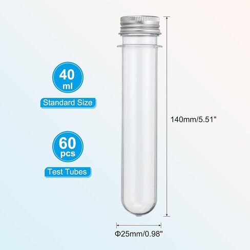 PATIKIL 40ml Test Tubes, 60pcs 5.51x0.98" Plastic Clear Round Bottom Test Tube Containers with Caps for Bead Party Candy Bath Salt Storage Scientific Experiment Plant Propagation, Silver in Saudi Arabia