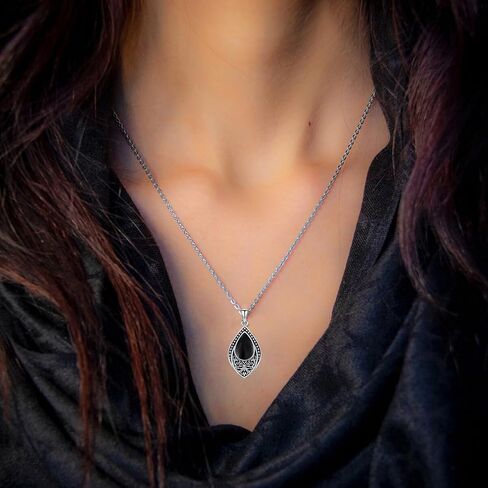 PROESS Sterling Silver Moonstone/Turquoise/Onyx/Larimar/Moss Agate Necklace Filigree Teardrop Pendant Necklace Birthday Christmas Jewelry for Women Girls in Saudi Arabia