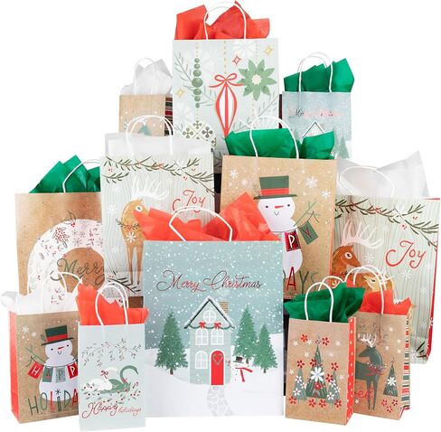 Plum Designs 12 Christmas Gift Bags Bulk- Christmas Gift Bags, Large Christmas Bags for Gifts, Holiday Gift Bags with Tissue Paper- in Kuwait