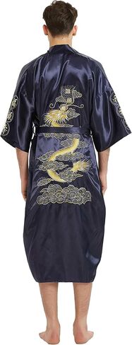 PAMOR Mens Robe Chinese Silk Embroidered Dragon Pattern Kimono Bathrobe Yukata Pajamas with Waistband and Pockets in Saudi Arabia