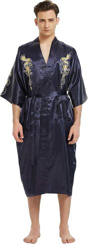 PAMOR Mens Robe Chinese Silk Embroidered Dragon Pattern Kimono Bathrobe Yukata Pajamas with Waistband and Pockets in Saudi Arabia