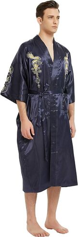 PAMOR Mens Robe Chinese Silk Embroidered Dragon Pattern Kimono Bathrobe Yukata Pajamas with Waistband and Pockets in Saudi Arabia