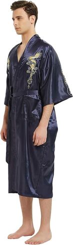 PAMOR Mens Robe Chinese Silk Embroidered Dragon Pattern Kimono Bathrobe Yukata Pajamas with Waistband and Pockets in Saudi Arabia