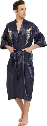 PAMOR Mens Robe Chinese Silk Embroidered Dragon Pattern Kimono Bathrobe Yukata Pajamas with Waistband and Pockets in Saudi Arabia