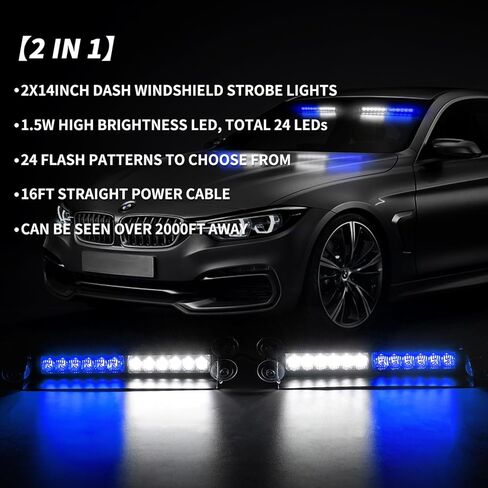ASPL 2x14 inch 24LED Dash Emergency Strobe Lights Interior Front/Rear Windshield Deck Split Safety Warning Lights Hazard Light Bar for Car Truck Vehicles (Amber/White) in Kuwait