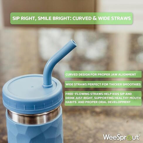 كوب شرب WeeSprout 2 في 1 للأطفال، (12 أونصة أخضر) بهلوان متين من الفولاذ المقاوم للصدأ للعصائر، ماصات سيليكون مع سدادات، أغطية ملتوية بلاستيكية فاخرة، أكمام سهلة الإمساك، آمنة للاستخدام في غسالة الأطباق in Kuwait